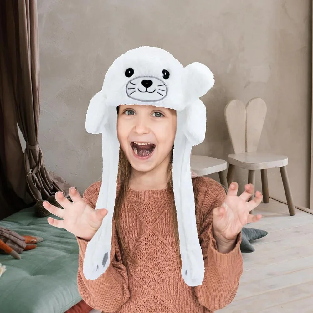 Kids Seal Animal Hat with Ears Moving Jumping Pop Up Beating Plush Holiday